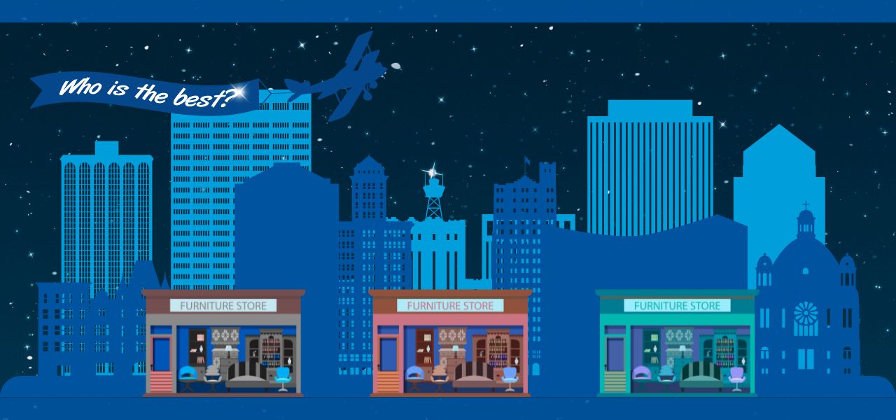 City skyline at night with colorful buildings and a starry sky.