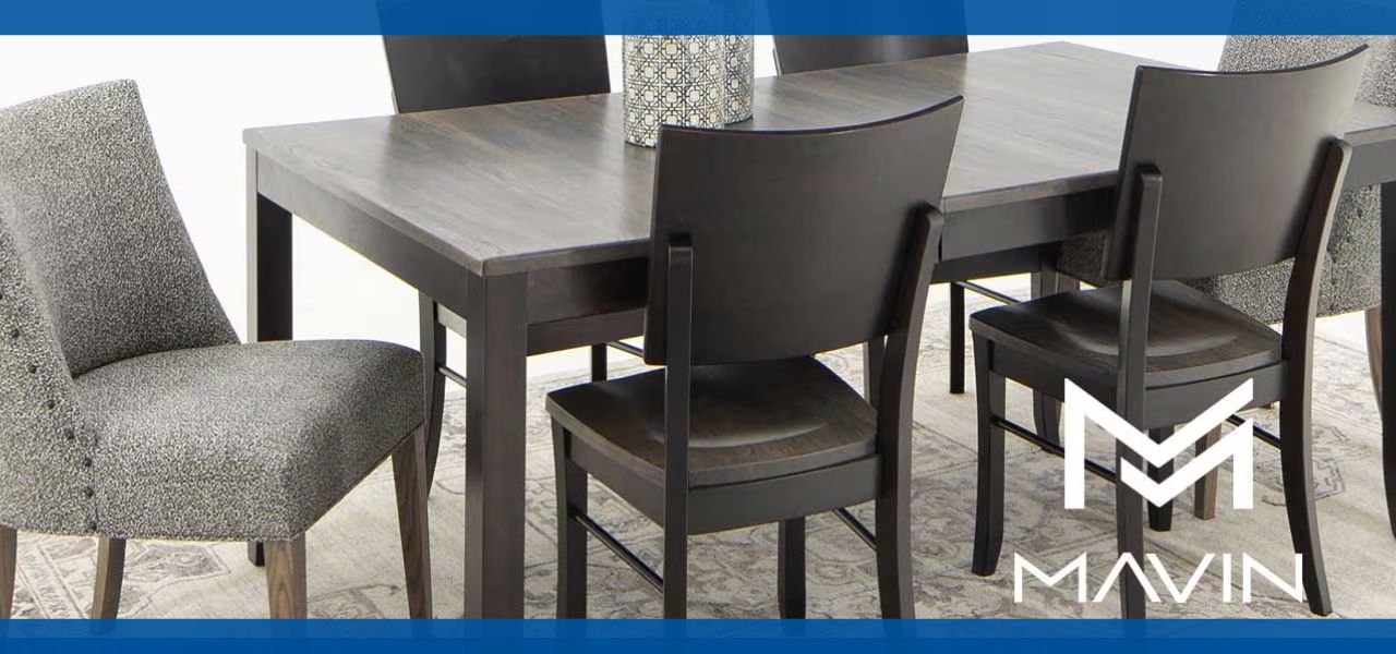 Dining table with chairs, featuring a modern design and Mavin logo.
