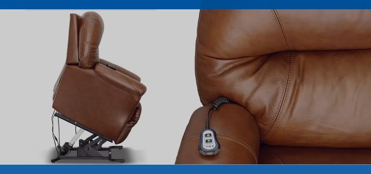 Brown reclining lift chair with remote control on the armrest.