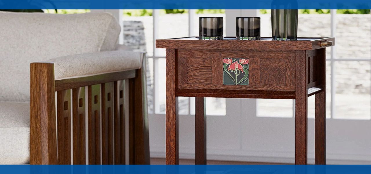 Wooden side table with floral design, next to a sofa.