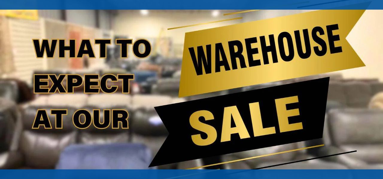 Text promoting a warehouse sale with furniture in the background.