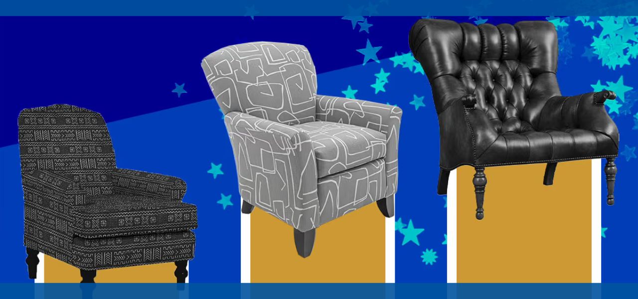 Three stylish chairs on a colorful background.