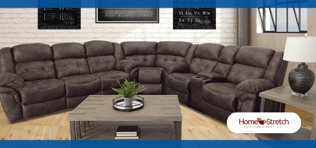 Brown sectional couch with a coffee table in a living room setting.