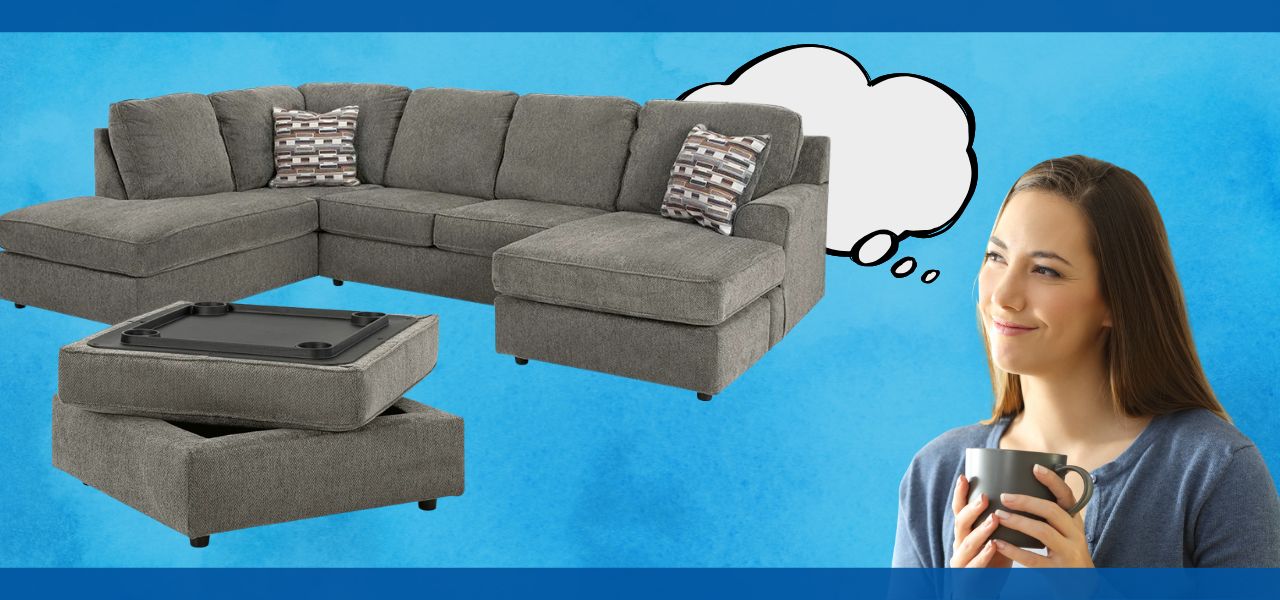 Woman holding a cup, thinking about a gray sectional sofa with storage.