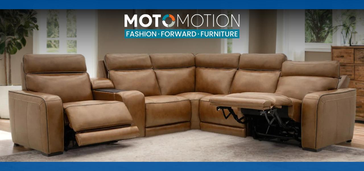 Brown sectional sofa with reclining features in a modern living room setting.