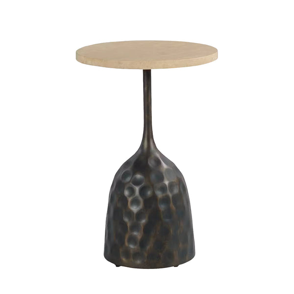 Joybird small round table with a wooden top and textured metal base