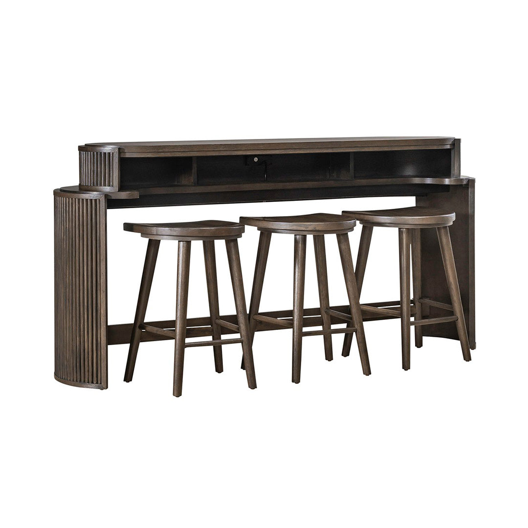Mesa consola con vista a la ciudad y taburetes 