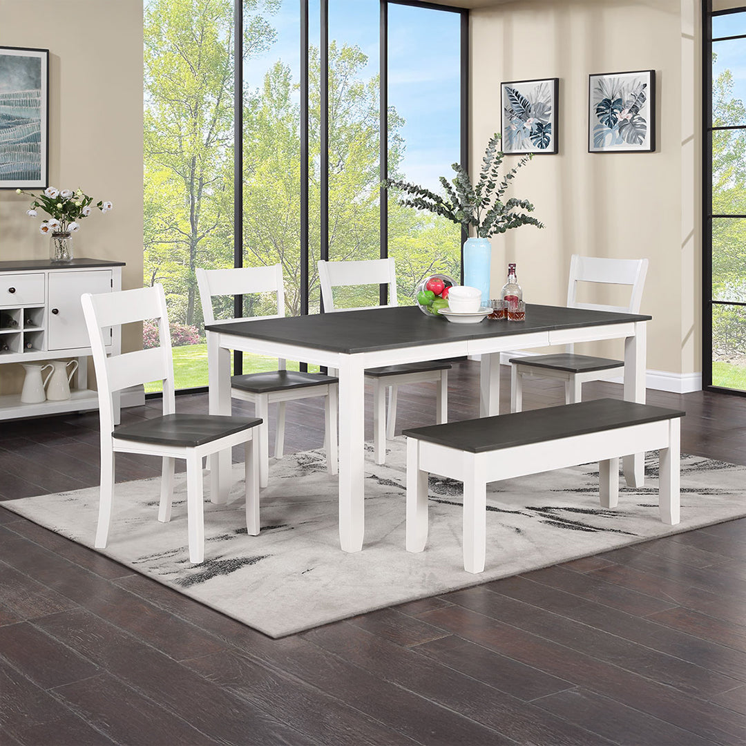 Drake dining set with two-tone table, ladder-back chairs, and bench styled in a dining room