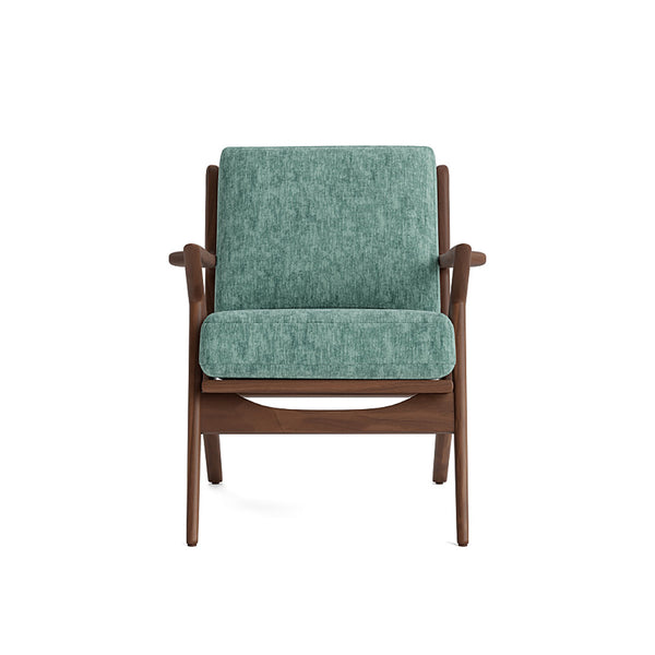 Joybird modern armchair with teal cushion and wooden frame 