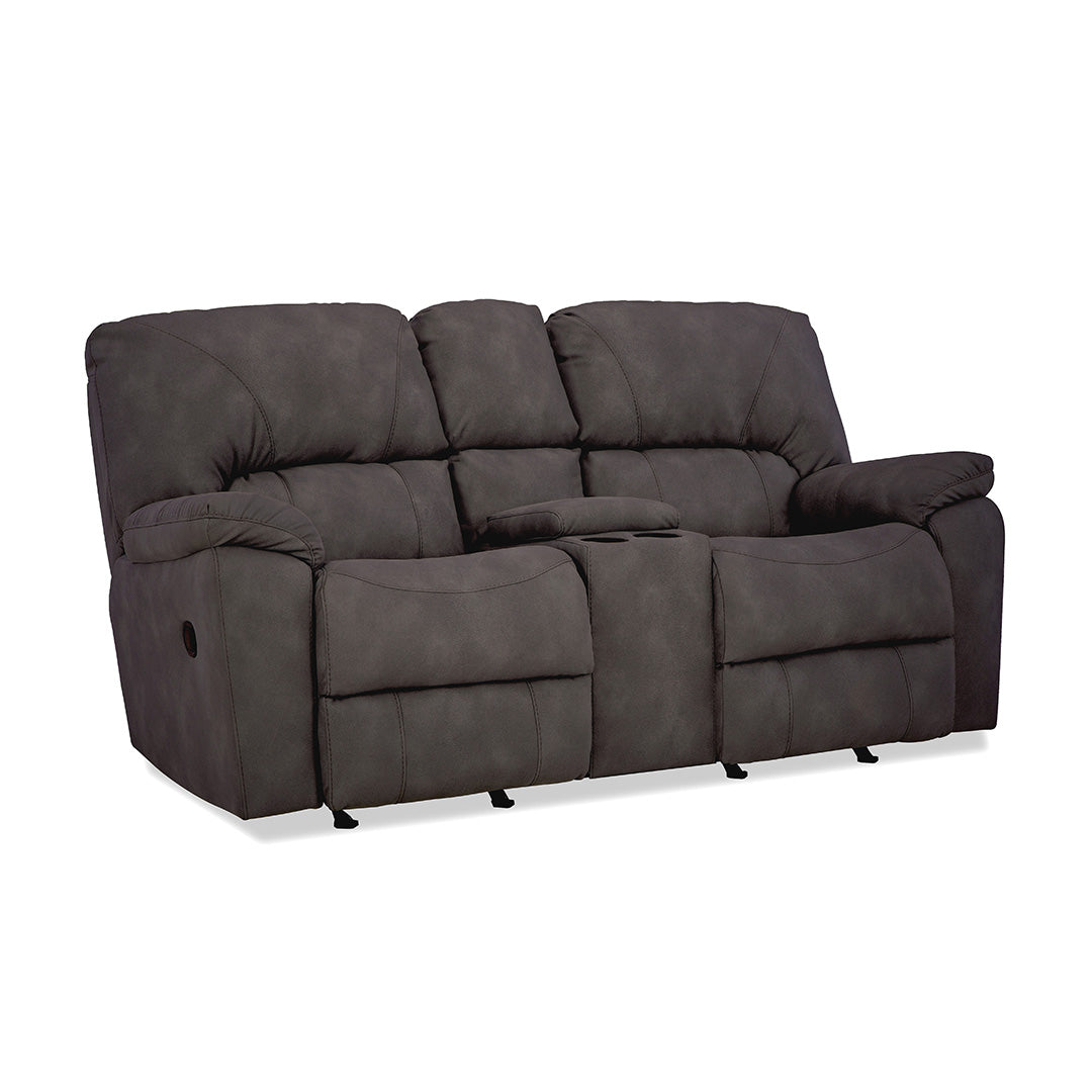 Rhino Rocking Loveseat with Console from Home Stretch in Gray Performance Fabric with Cup Holders, Storage, Made in USA - Detail view