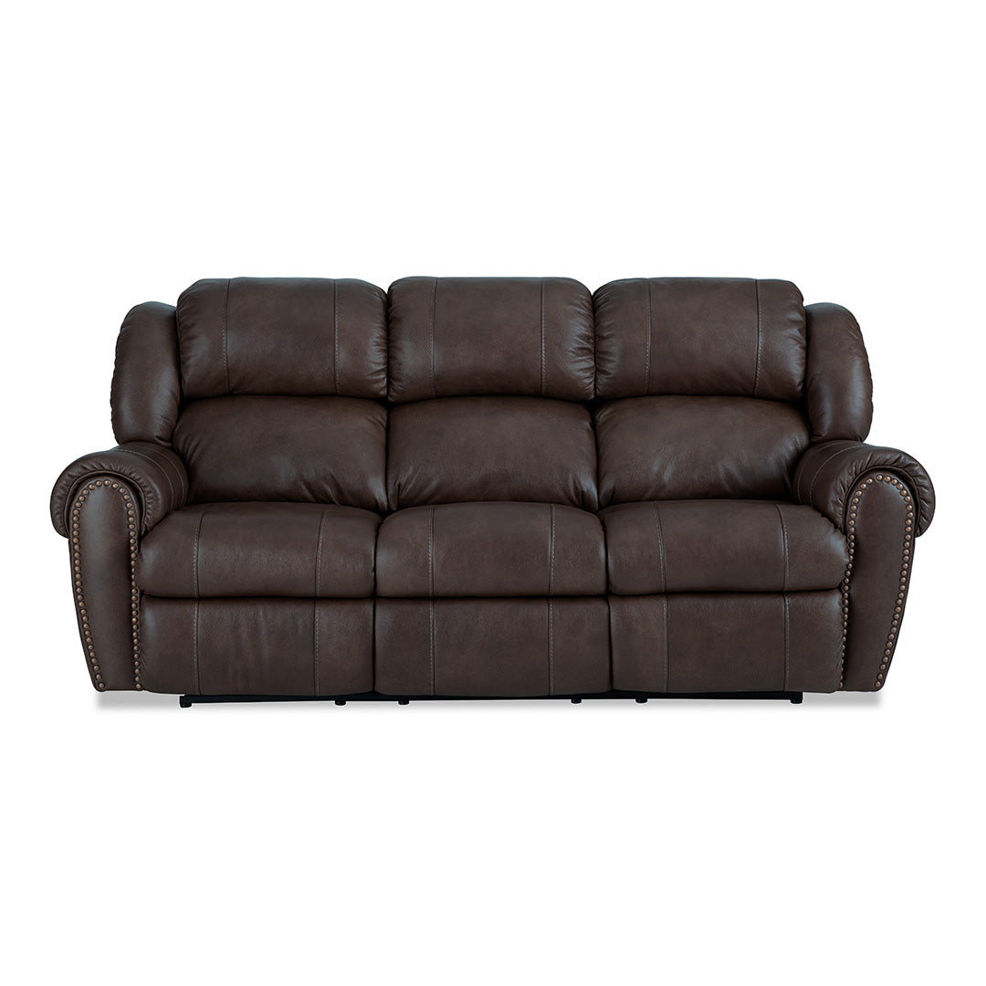 A three-seat power reclining loveseat sofa upholstered in dark brown leather with tufted stitching, rolled arms, and nailhead trim, shown against a plain white background.