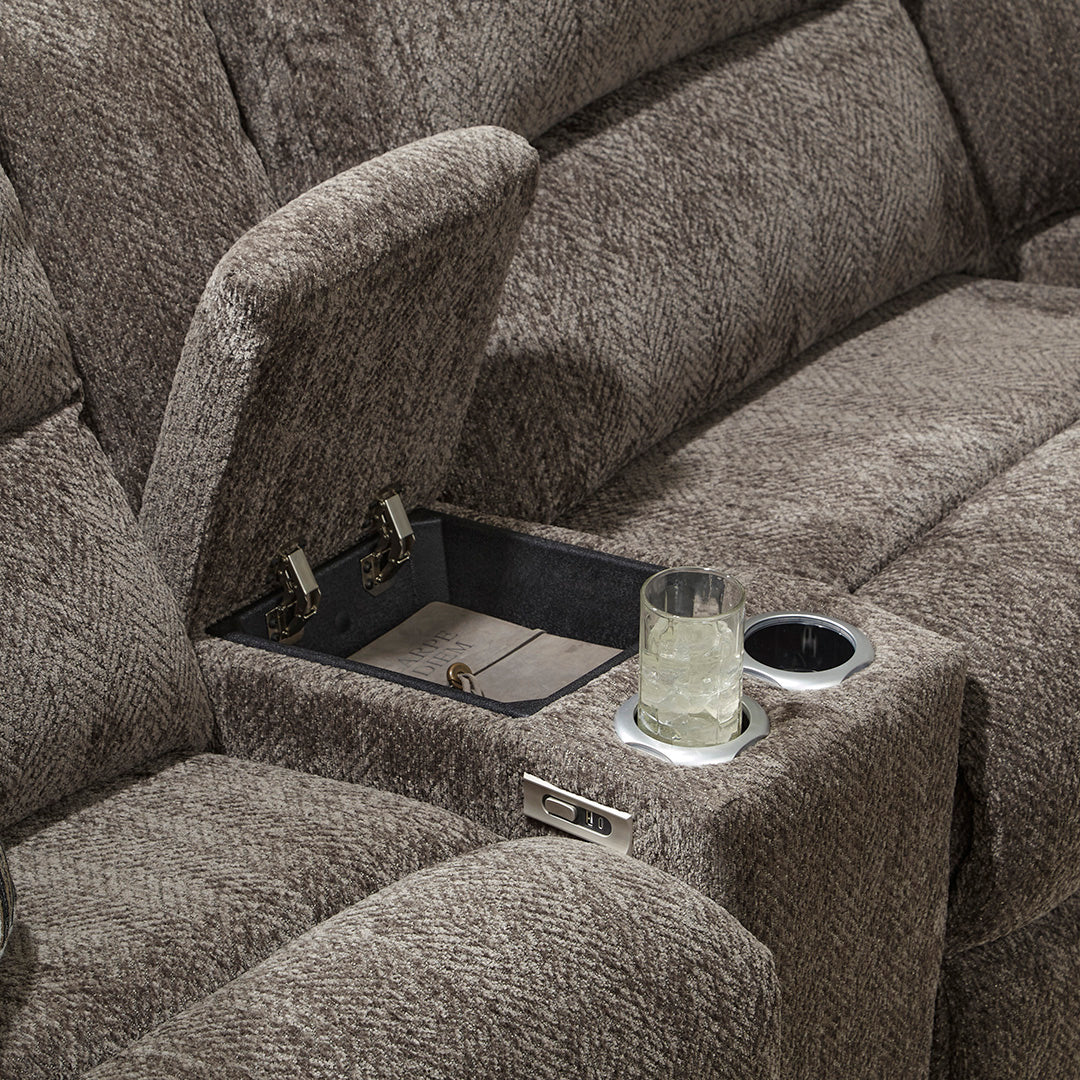 Autumn Power Reclining Sectional with Left Console (3-Piece) from Home Stretch in Brown Polyester, Made in USA - Open position