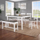 Drake counter height dining set with two-tone table, ladder-back chairs, and bench styled in a dining room