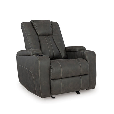 Batavia manual glider recliner in gray faux leather, angled closed view, from Signature Design by Ashley