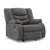 The Partymate Manual Recliner by Ashley Furniture. A modern recliner chair with plush cushioning and sleek design. Slate Grey faux leather upholstery with manual reclining mechanism and comfortable armrests. Perfect for relaxation and entertainment in any living space.