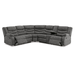 Partymate 2-Piece Manual Reclining Sectional by Ashley Furniture in Slate Gray. A modern and luxurious sectional featuring 6 spacious seats,  cup holders, and a storage console on the right side. Plush cushioning in the seats, arms, and backs for ultimate comfort. Slate gray faux leather upholstery is easy to maintain and clean.