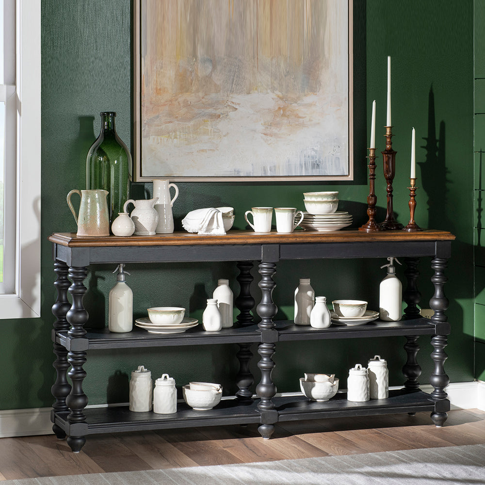 Vintage Market Bobbin Console Table in black with turned legs and open shelves