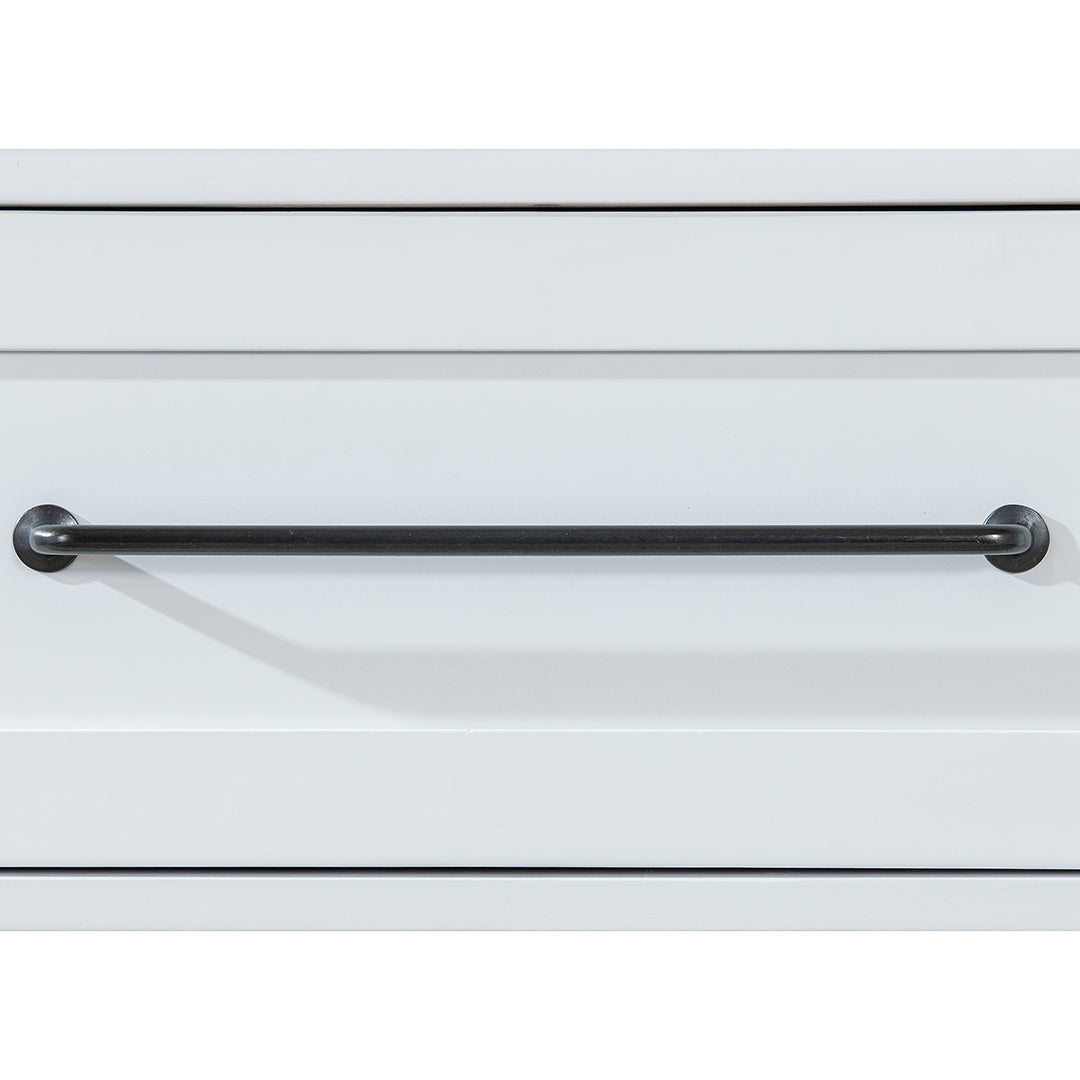 White kitchen drawer with a black handle on a white background