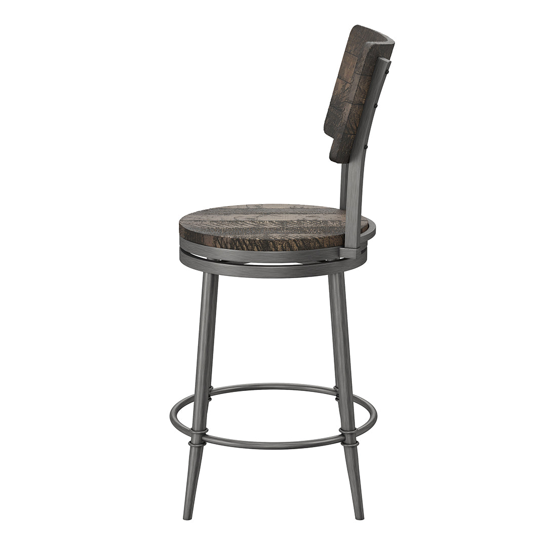 Bar stool with wooden seat and backrest on a white background