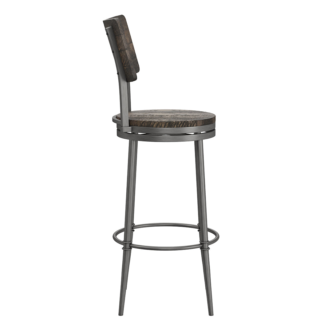 Bar stool with wooden seat and backrest on a white background