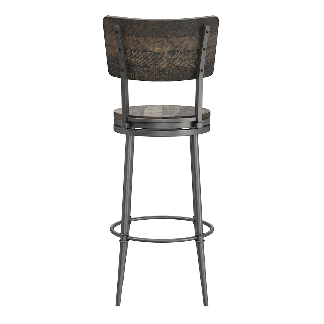 Bar stool with wooden seat and backrest on a white background