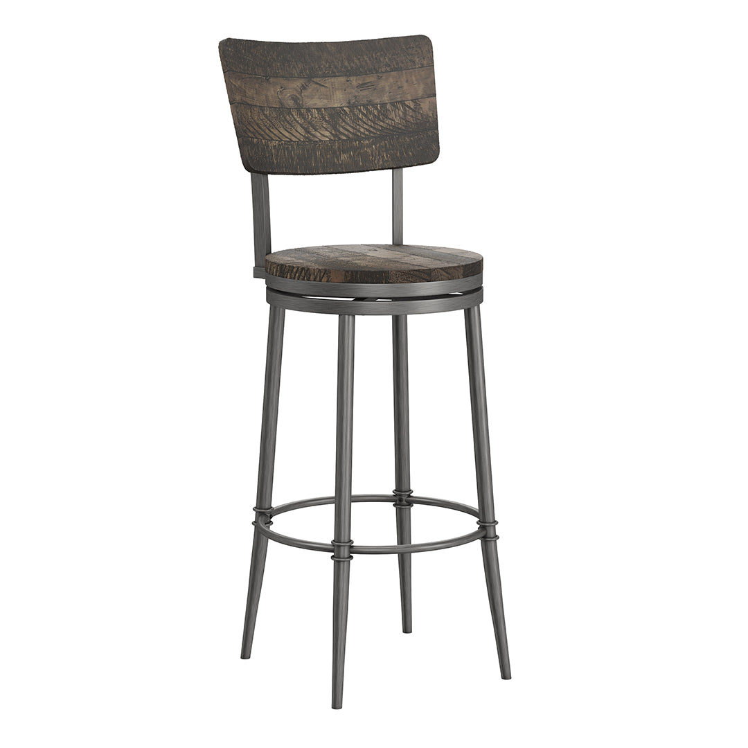 Wooden bar stool with metal frame on a white background