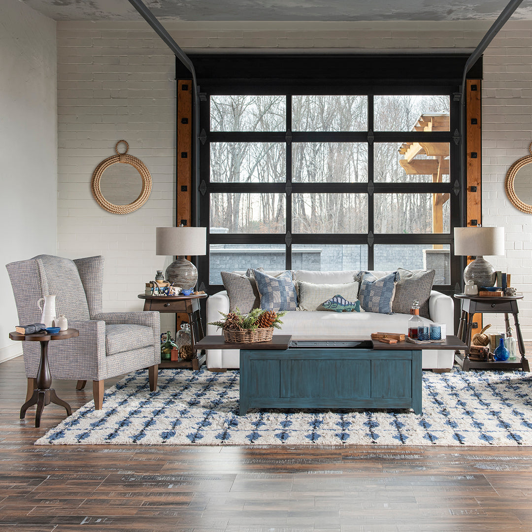 Lake House Sliding Top Cocktail Table from Legacy Classic Furniture in Blue Veneer - Open position
