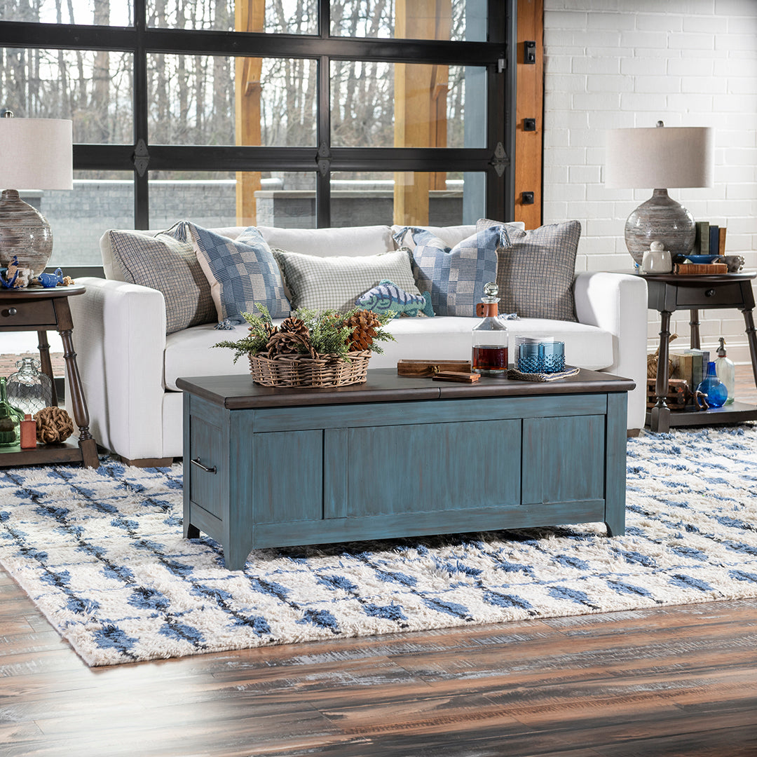 Lake House Sliding Top Cocktail Table from Legacy Classic Furniture in Blue Veneer - Lifestyle view