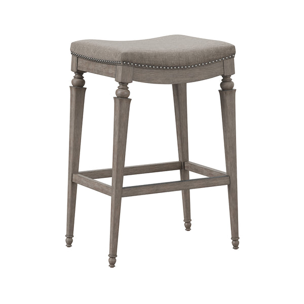 Wooden counter stool with a cushioned seat on a white background