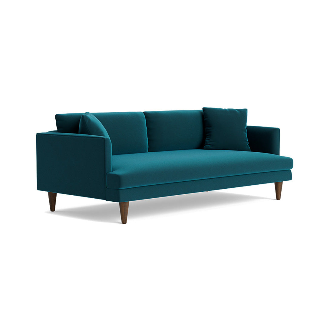 Joybird teal sofa with wooden legs