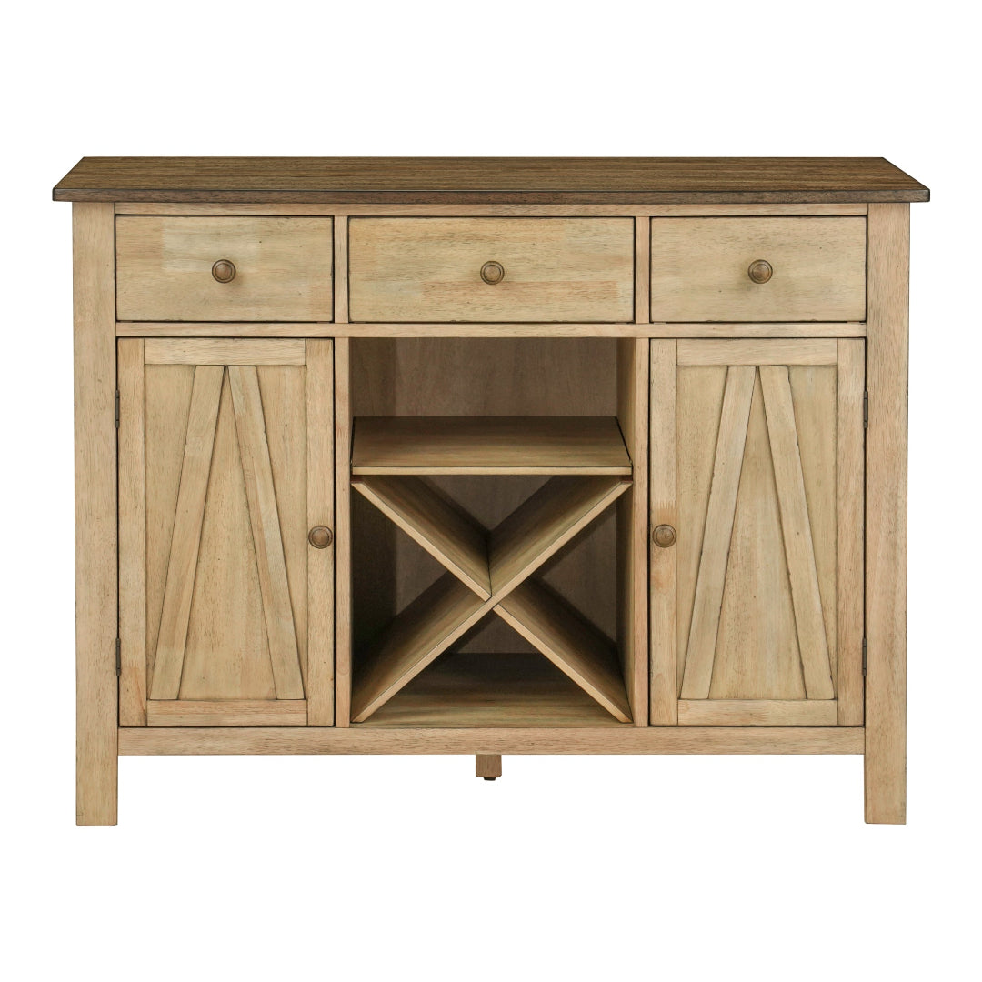 A rustic light oak wood sideboard cabinet with three drawers on top, two paneled doors with round knobs on the sides, and an open center compartment featuring a wine bottle cradle shelf, shown against a plain white background.