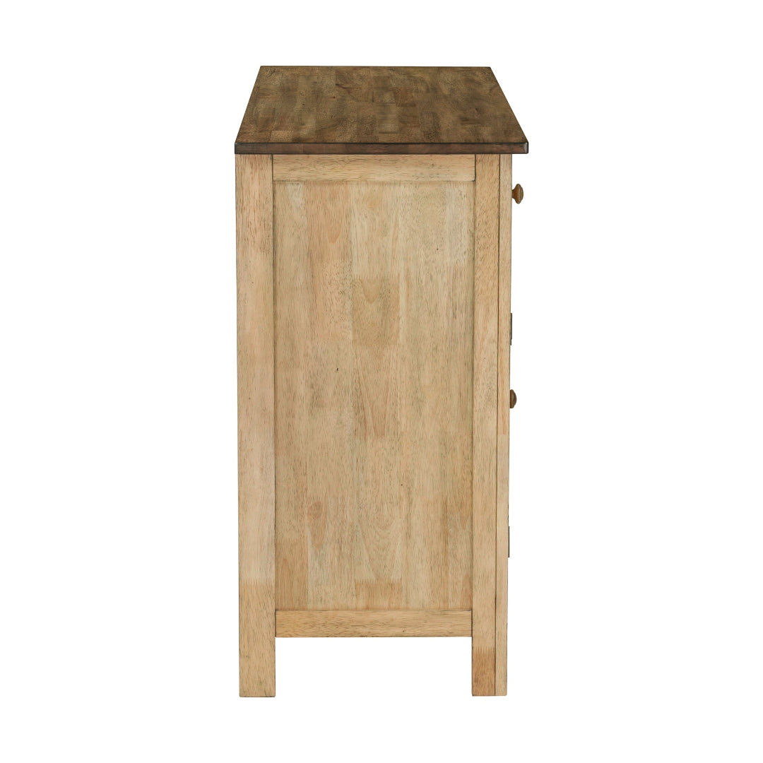 A light natural wood cabinet with a dark brown top and two small round knobs, shown against a plain white background.