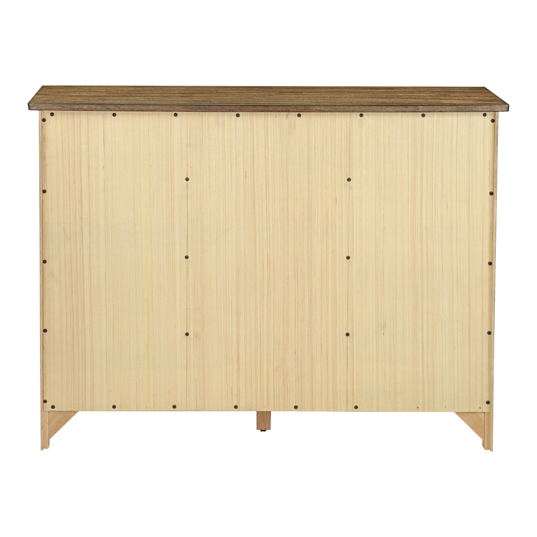 A light natural wood sideboard or cabinet with a darker brown wood top, shown from the back against a plain white background.