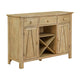 A rustic light oak wood sideboard cabinet with three drawers on top, two barn-style doors, an open center shelf, and a diagonal wine bottle rack in the middle, shown on a white background.