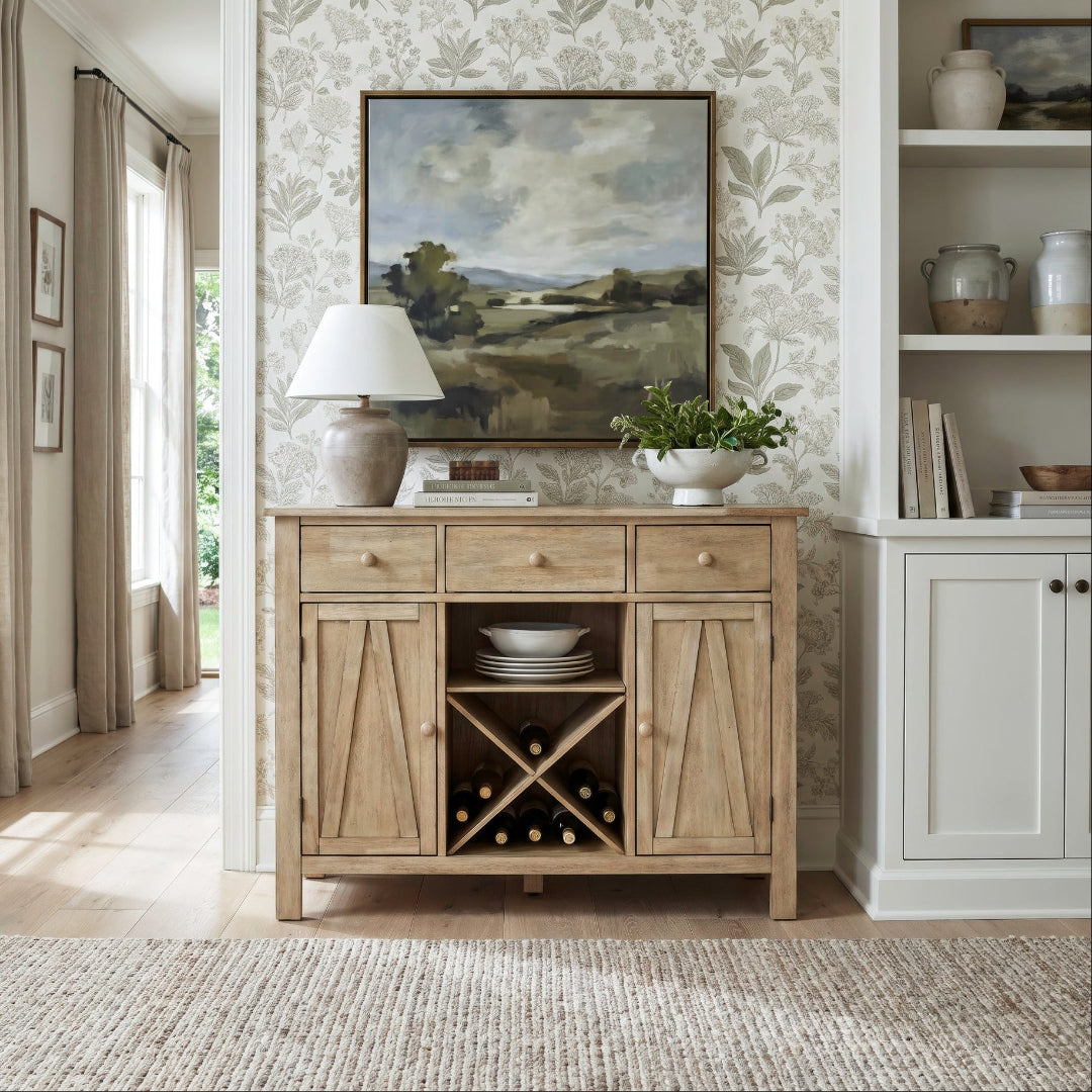 A light natural wood sideboard cabinet with three drawers, two cabinet doors, and an open center shelf with a wine rack, styled in a bright, traditional living room with floral wallpaper, a lamp, and a framed landscape painting.