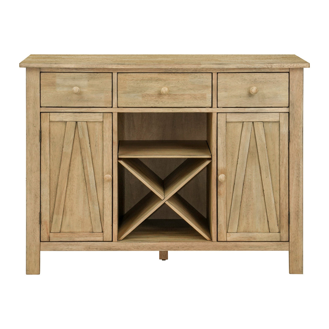 A rustic light oak wood sideboard cabinet with three drawers on top, two paneled doors on the sides, and a central open shelf designed for a wine bottle X-stacking.