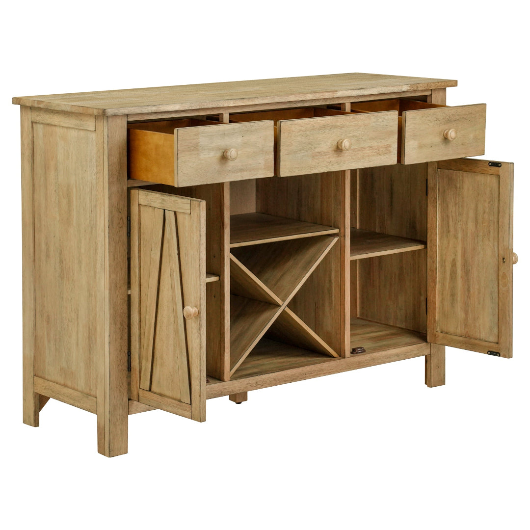 A rustic light brown wooden sideboard cabinet with three drawers, two open doors, and an open wine bottle rack in the center, shown on a white background.