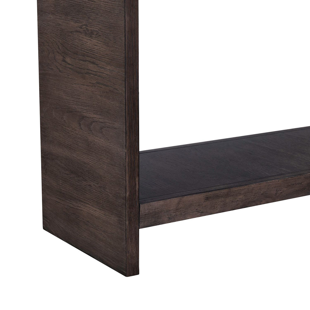 Perspectives sofa table in brown, close-up of wood finish