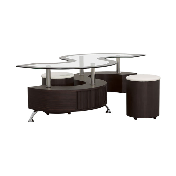 Modern living room set with a glass coffee table and cylindrical ottomans on a white background