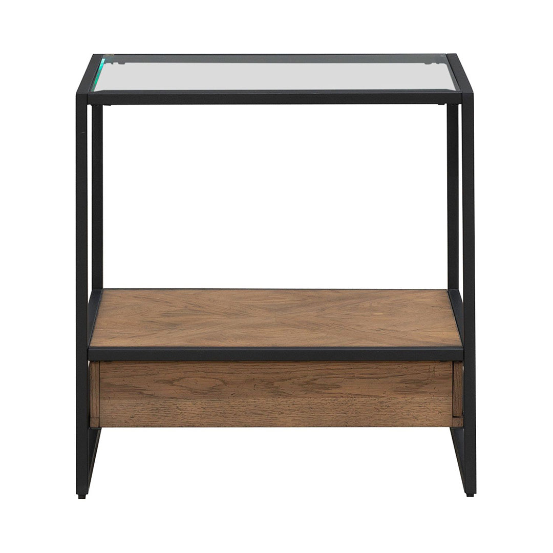 Bedford end table in black, detail view of shelf and frame