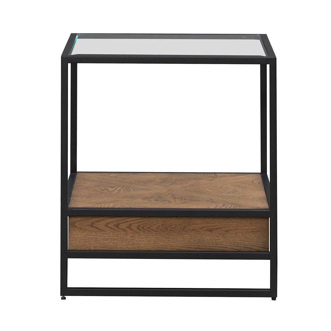 Bedford end table in black, top surface view showing glass