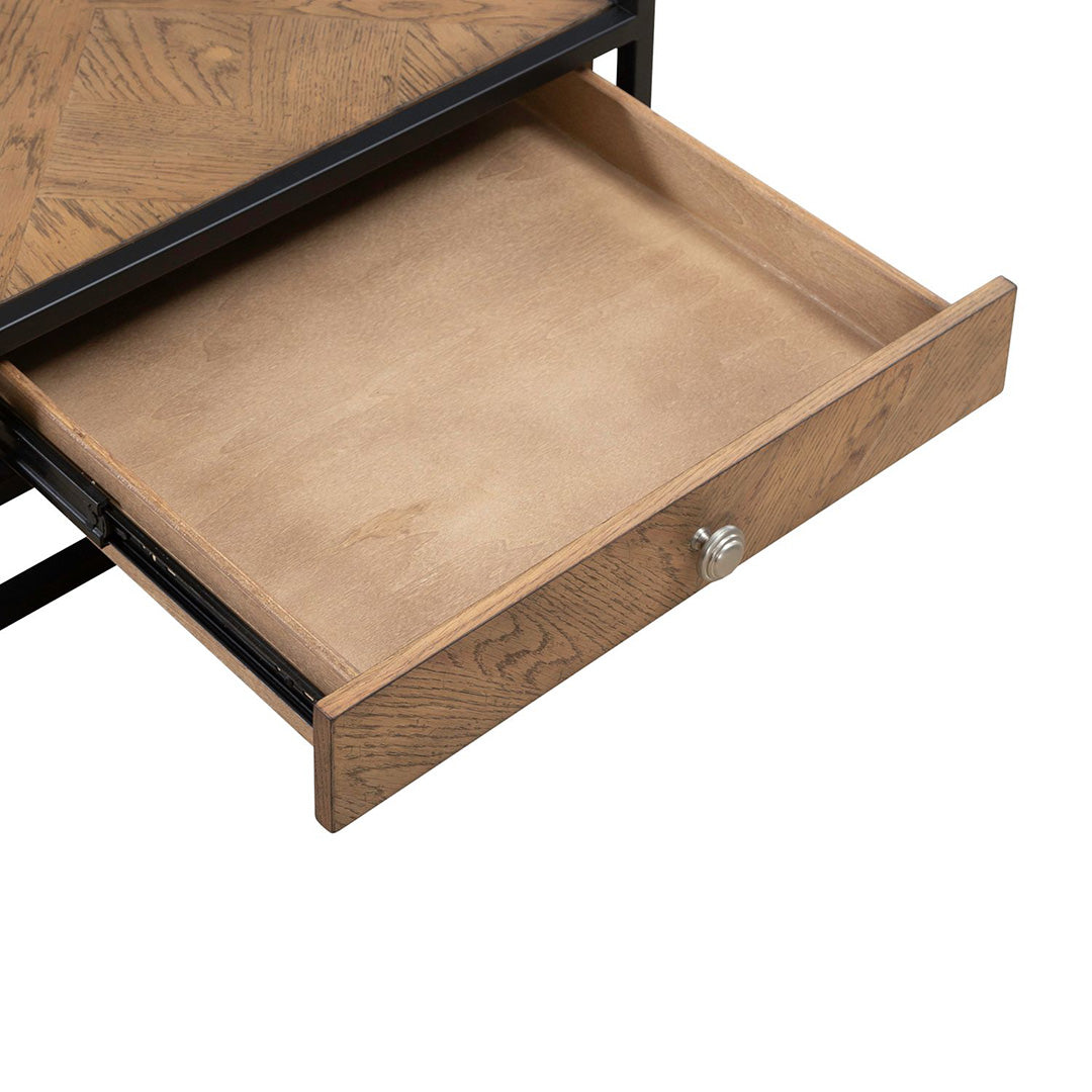 Bedford end table in black, detail view of lower shelf