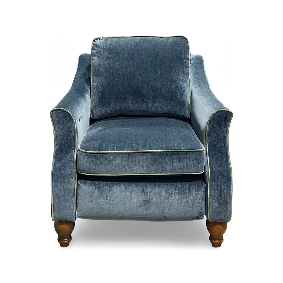 Adeline Power Recliner from Best Home Furnishings in Blue Velvet with Hardwood Frame, Reversible Cushions - Reclined position