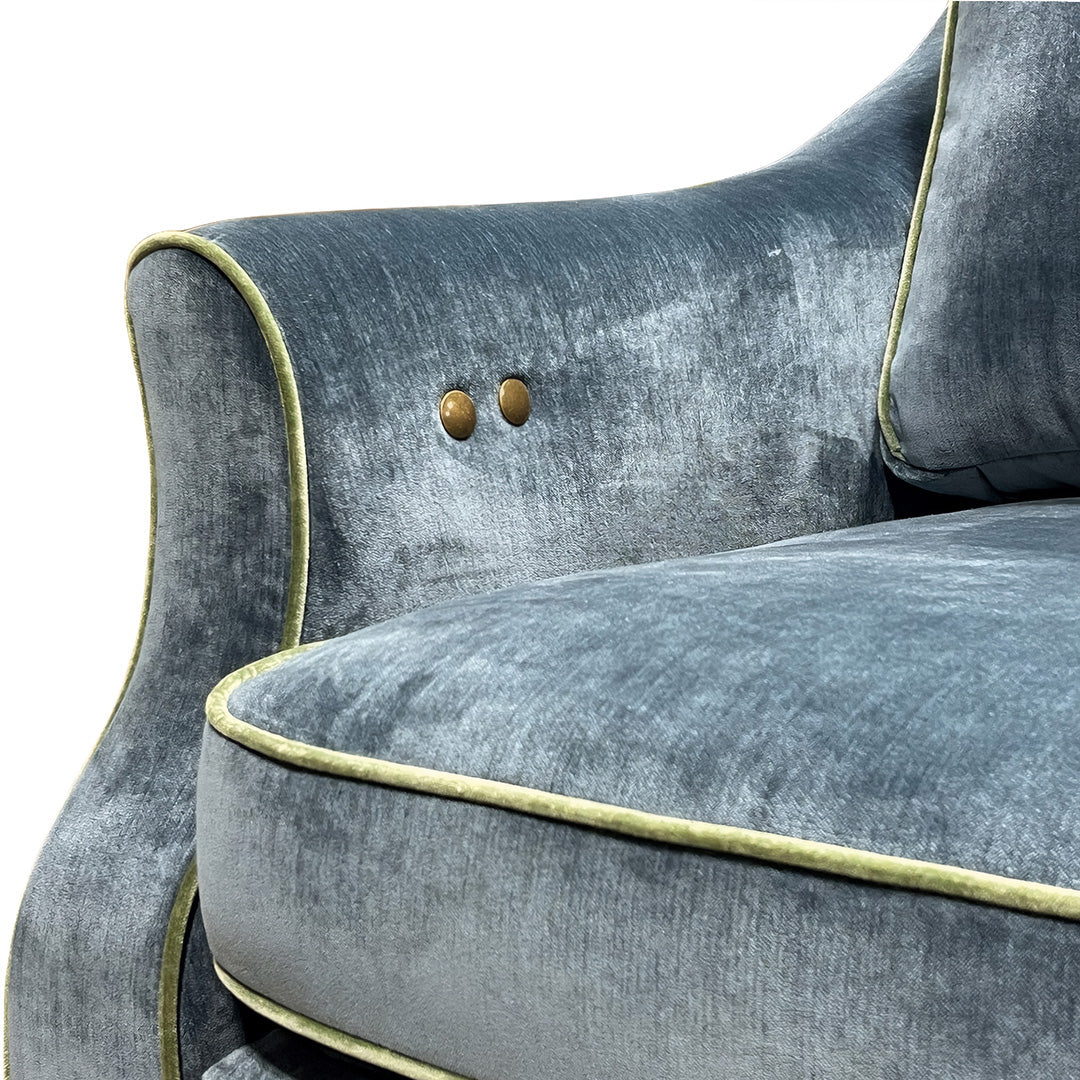 Adeline Power Reclining Sofa from Best Home Furnishings in Blue Velvet with Accent Pillows, Hardwood Frame, Made in USA - Reclined position