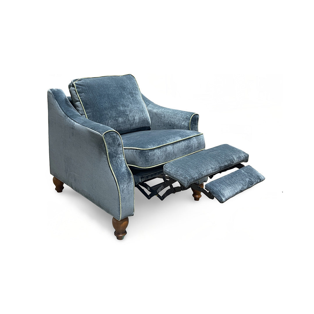 Adeline Power Recliner from Best Home Furnishings in Blue Velvet with Hardwood Frame, Reversible Cushions - Reclined position
