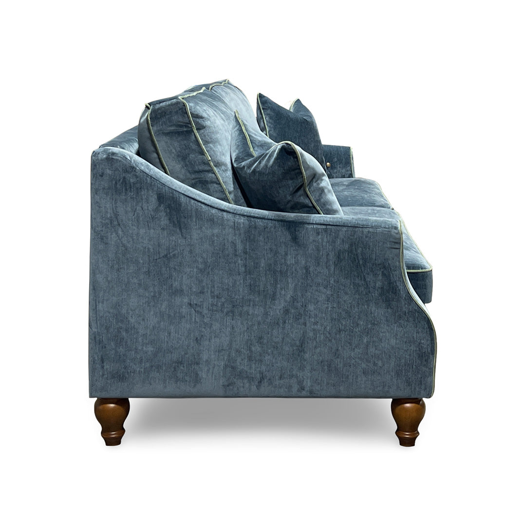 Adeline Power Reclining Sofa from Best Home Furnishings in Blue Velvet with Accent Pillows, Hardwood Frame, Made in USA - Reclined position