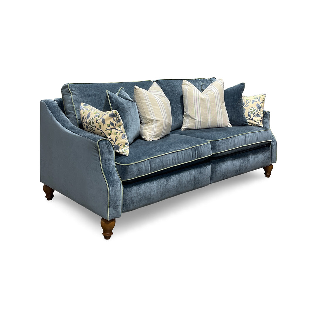 Adeline Power Reclining Sofa from Best Home Furnishings in Blue Velvet, Made in USA - Reclined position