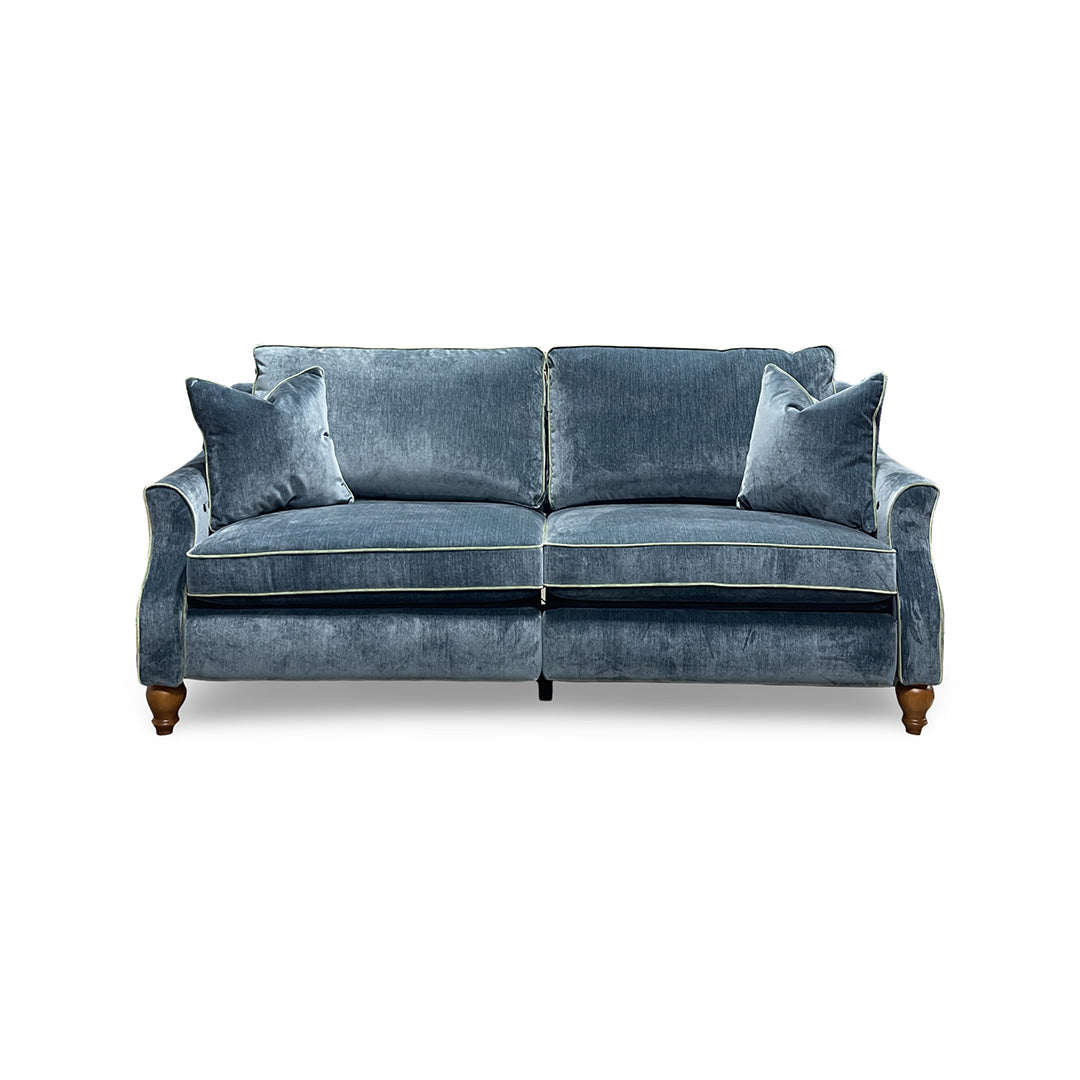 Adeline Power Reclining Sofa from Best Home Furnishings in Blue Velvet with Accent Pillows, Hardwood Frame, Made in USA - Reclined position