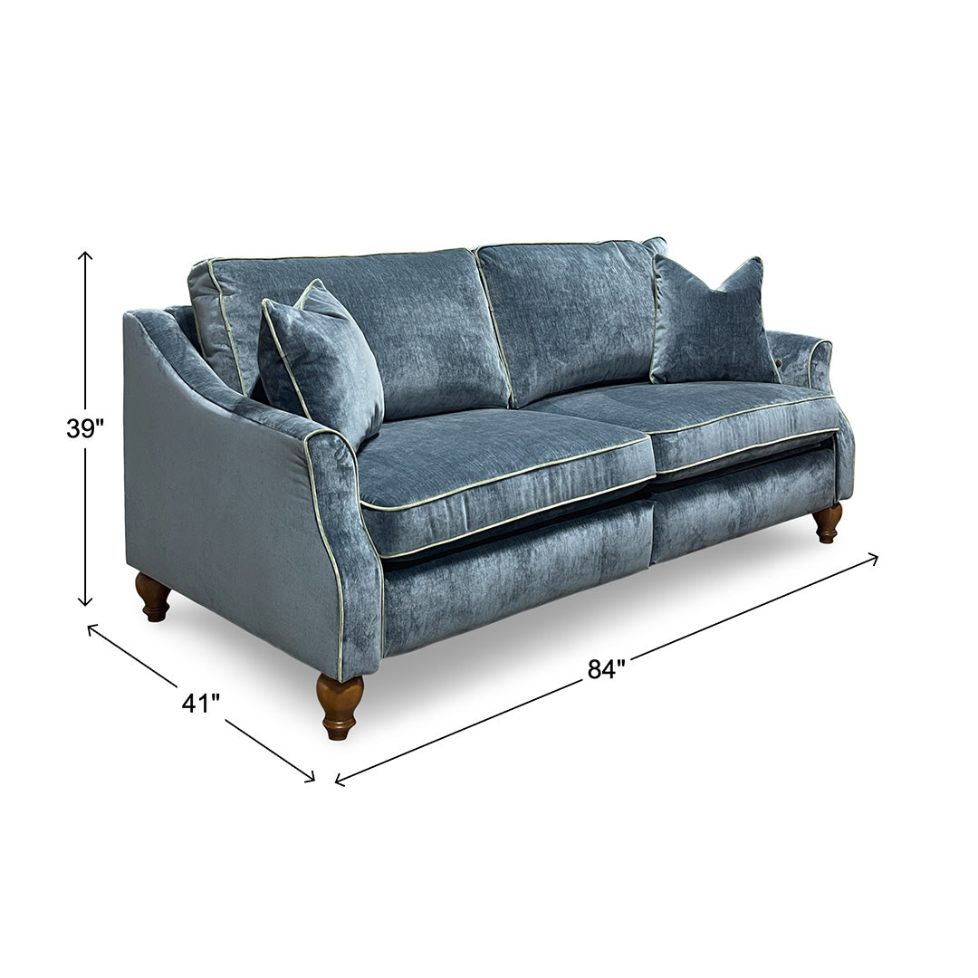 Adeline Power Reclining Sofa from Best Home Furnishings in Blue Velvet with Accent Pillows, Hardwood Frame, Made in USA - Reclined position