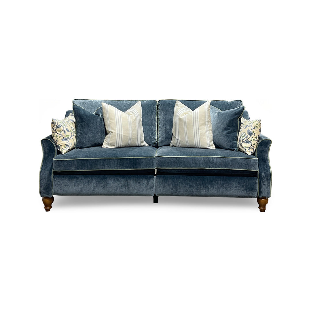 Adeline Power Reclining Sofa from Best Home Furnishings in Blue Velvet with Accent Pillows, Hardwood Frame, Made in USA - Reclined position